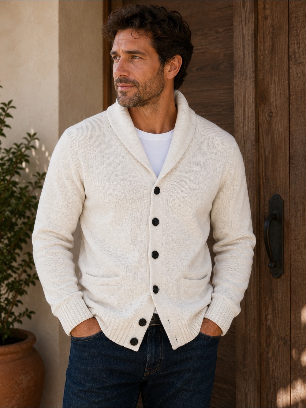 Goodthreads Cream Shawl Collar Button Cardigan
